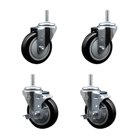 Service Caster 4 Inch Black Polyurethane Wheel Swivel 58 Inch Threaded Stem Caster Set 2 Brakes SCC SCC-TS20S414-PPUB-BLK-58212-2-TLB-2